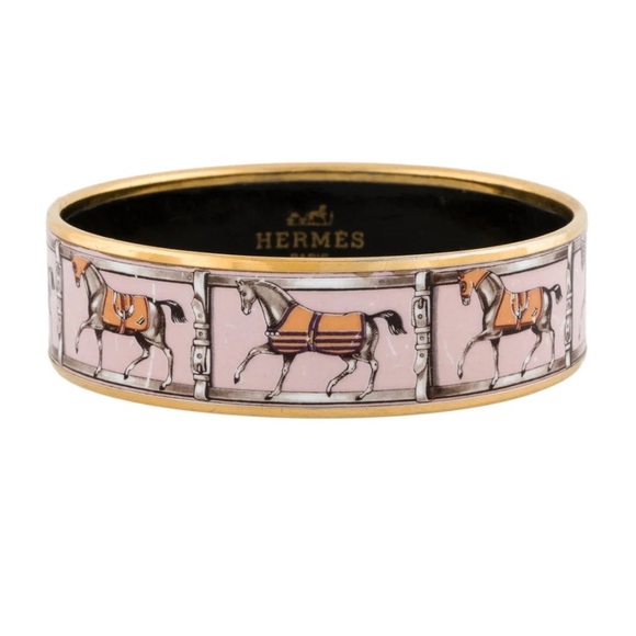 Hermes Jewelry - Authentic Hermès Wide Enamel Bracelet. Grand Apparat equestrian motifs. Pink.